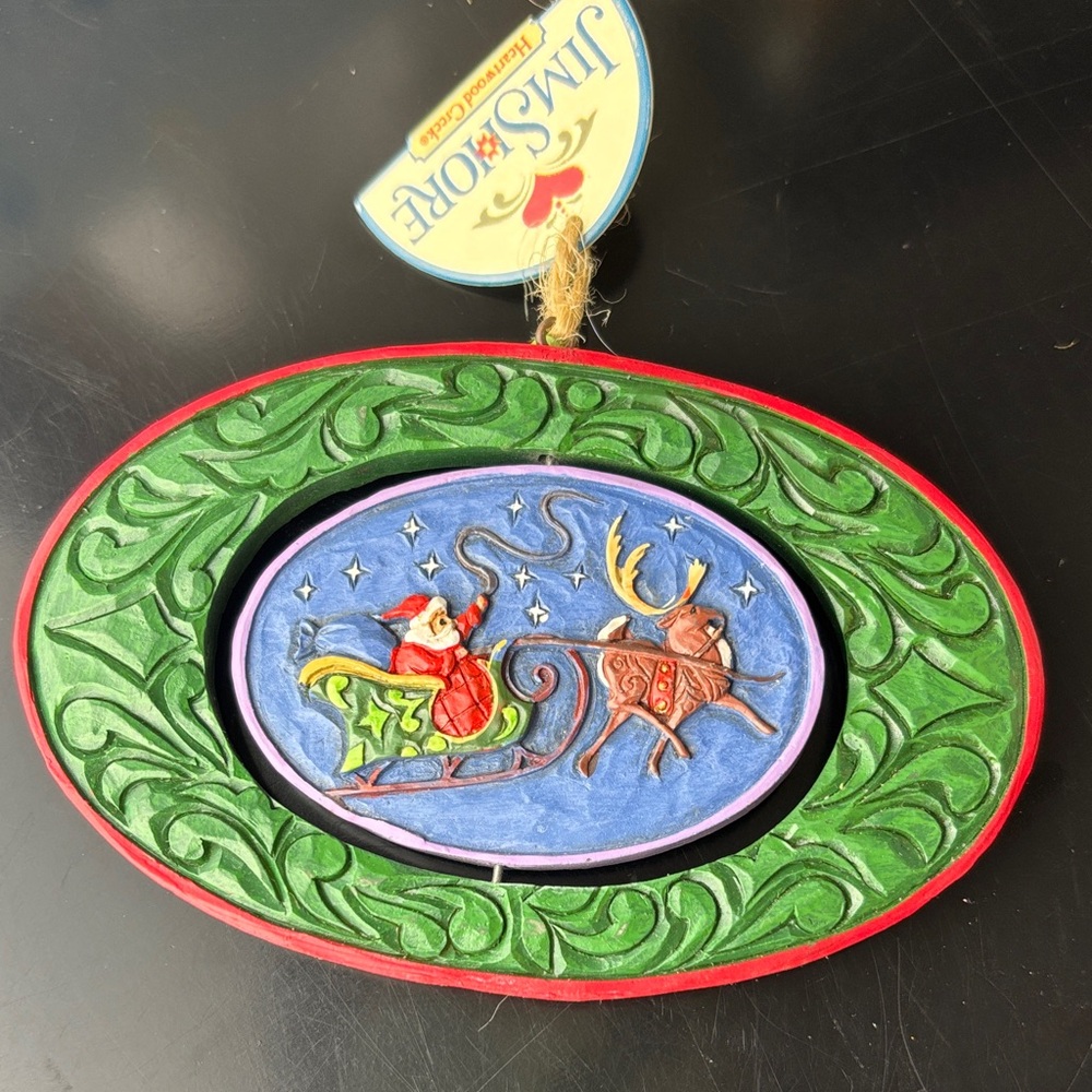 Jim Shore Festive Santa and Reindeer Spinning Ornament - Green and Red